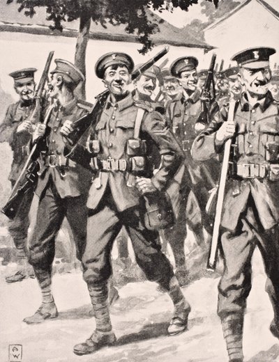 Disegno caricaturale di truppe britanniche fiduciose in marcia verso la prima linea del Fronte Occidentale, 1915, da 